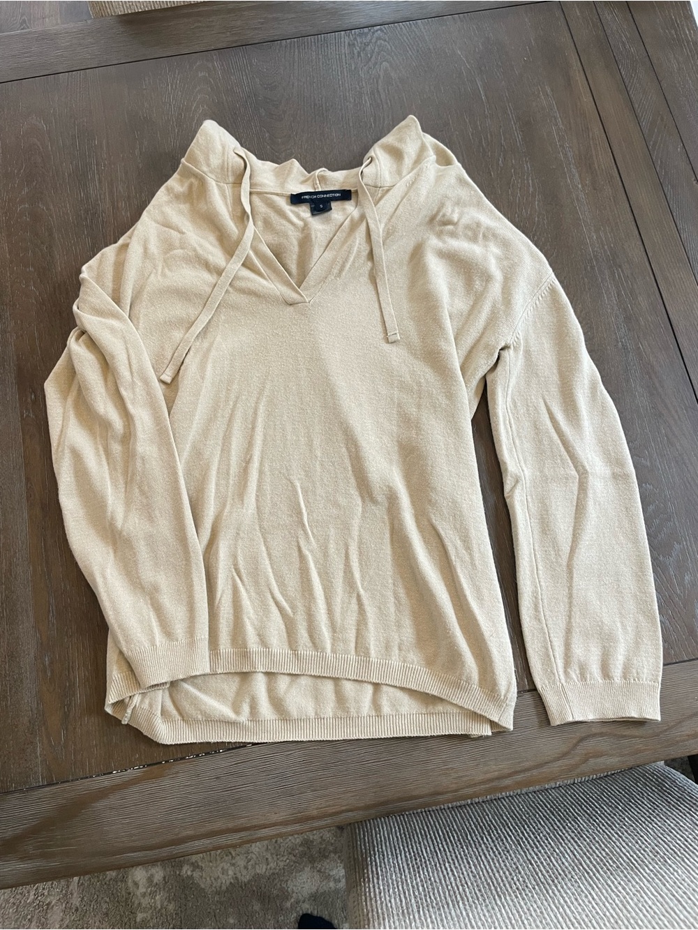 French Connection Beige V-Neck Knit Hoodie
